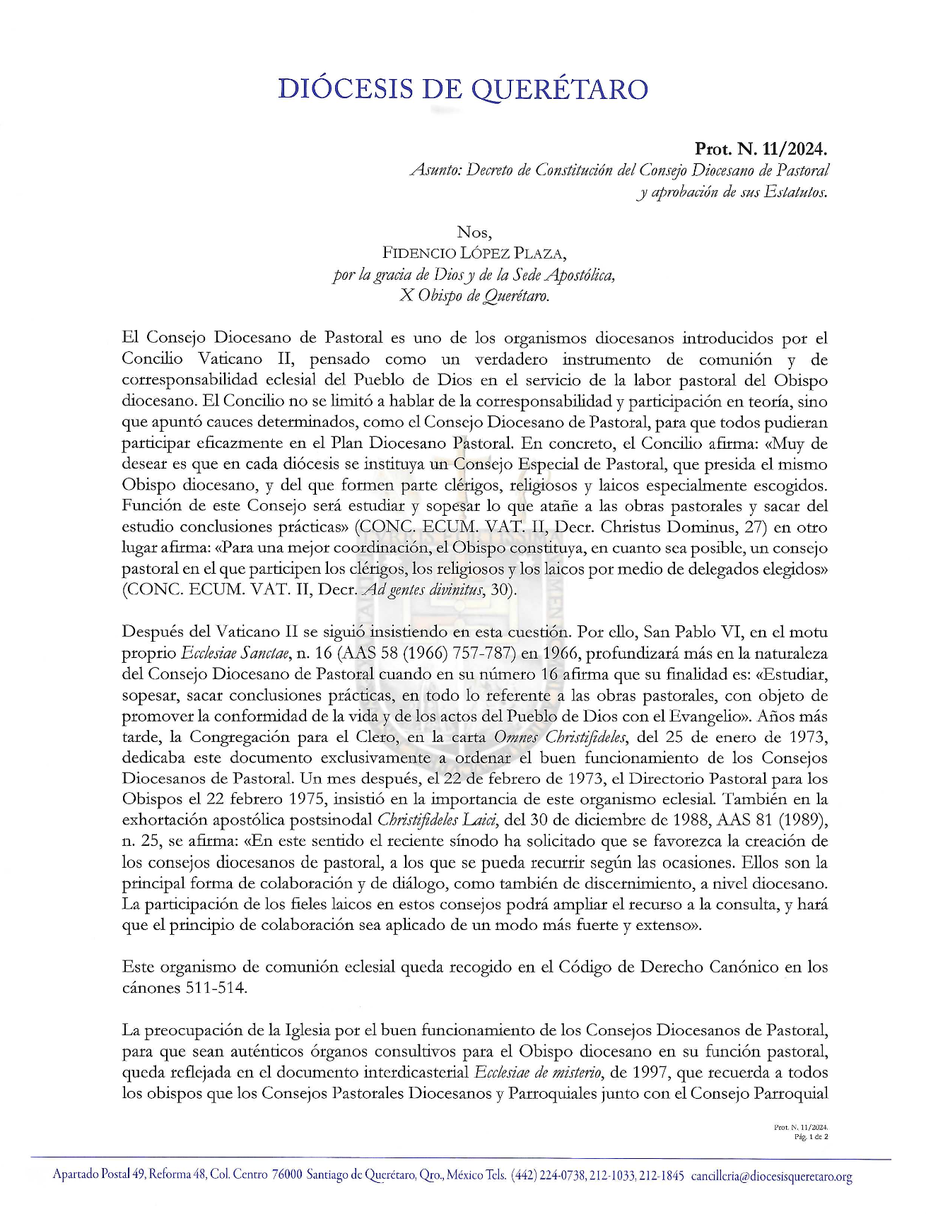 Prot. N. 11/2024 Asunto: Decreto de Constitución del Consejo Diocesano de Pastoral y aprobación de sus Estatutos 1